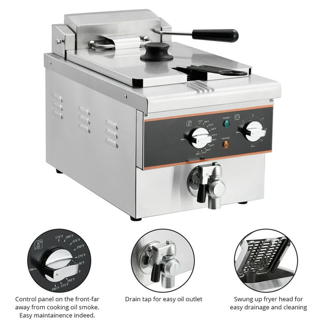 6 Litre Stainless Steel Electric Deep Fryer - 1800W Timer & Drain Valve, Removable Basket, Silver Finish