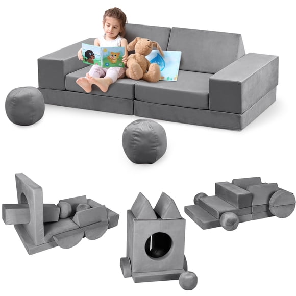 Sofá modular infantil 12 piezas - Convertible con 2 pelotas de espuma - Funda de terciopelo lavable - Espuma suave, para juego, lectura y descanso - Ideal dormitorio y sala de juegos