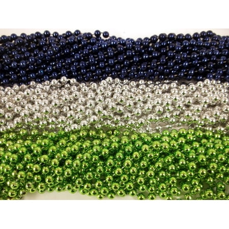 36 Seahawks Blue Silver Lime Green Metallic Mardi Gras Beads Party Favors 3 Dozen