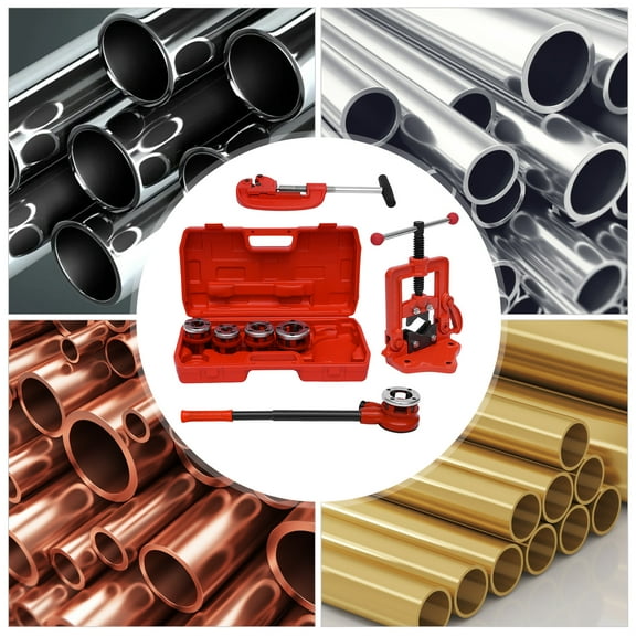 Pipe Threader Ratchet Set with 5 Dies, Pipe Cutter, and Clamp-on Pipe Vise – Handheld Threading & Cutting Tool Kit for Pipes up to 2" Diameter