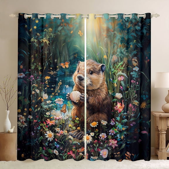 Feelyou Otter Black Out Curtains, Jungle Groovy Flower Curtains Pack of 2 (42x63 Each)