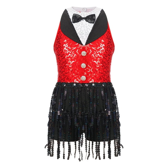 Sinleey Robe Justaucorps à Paillettes avec Franges pour Filles, Franges, Latin, Jazz, Rumba, Salsa, Chacha, Tenue de Danse Moderne Rouge 12