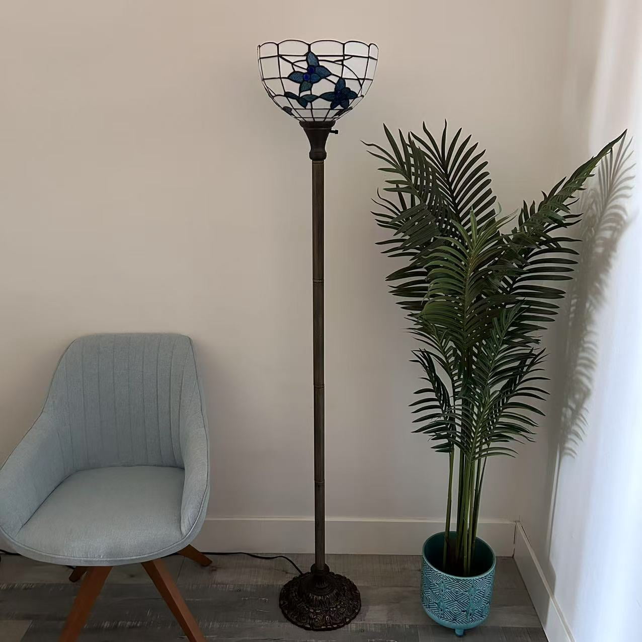 Tiffany Torch Floor Lamp White Stained Glass Flowers LED Bulb Included 12"W*12"D*66"H