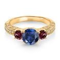 thumbnail image 2 of Gem Stone King 18K Yellow Gold Plated Silver Blue Created Sapphire Red Rhodolite Garnet and White Moissanite Engagement Ring for Women (2.42 Ct, Gemstone September Birthstone, Round 7MM, Size 7), 2 of 3