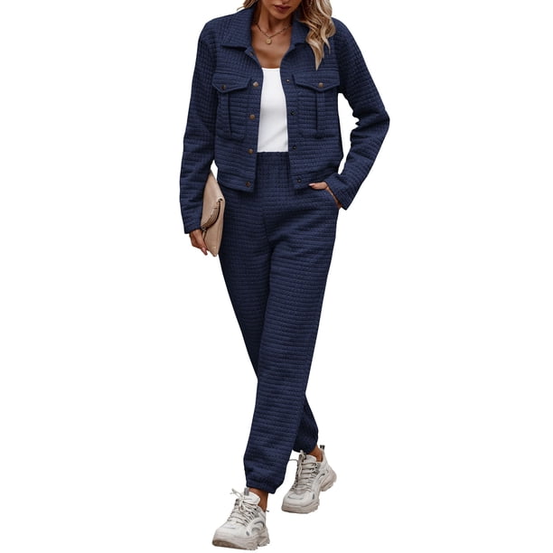 Conjunto Coordinado PRETTYGARDEN Chaqueta Shacket Pantalones Deportivos Azul Marino S