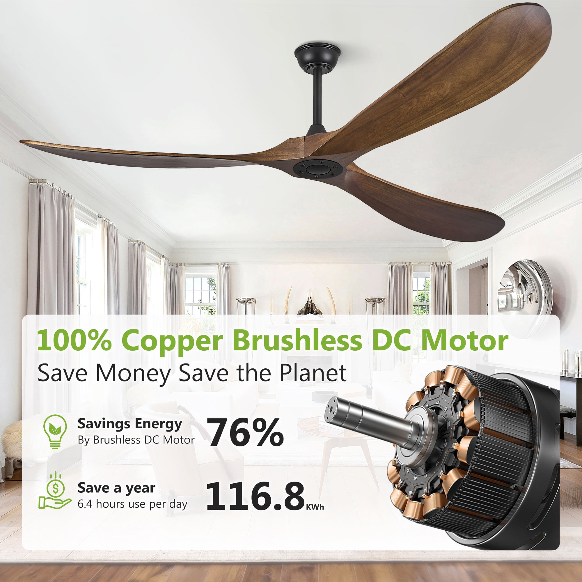 72 Inch Solid Wood Walnut Coastal Farmhouse Indoor Outdoor Patio Propeller Ceiling Fan with Remote DC Motor