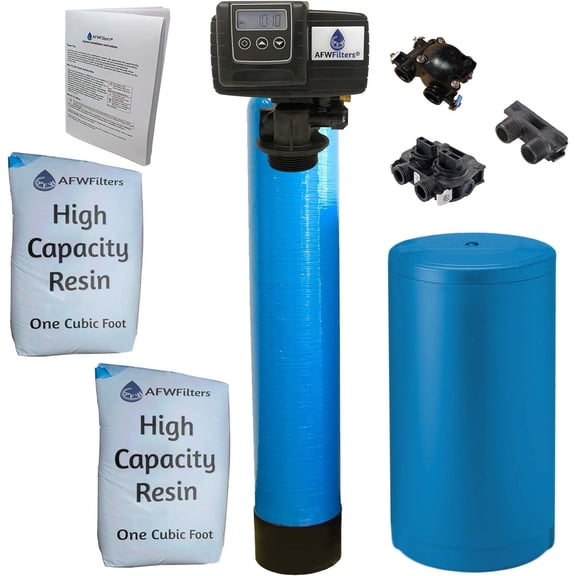 AFWFilters 2 cubic Foot 64k Whole Home Water Softener with High Capacity Resin, 1" Plastic MNPT Connection, and Blue Tanks