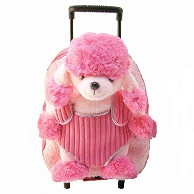 Cute detachable blue plush stuffed bear on pink backpack w/ removable rollers 