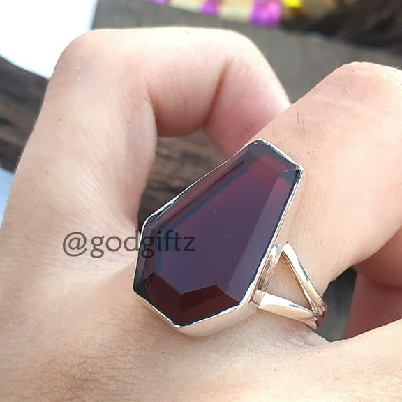 Garnet Coffin Ring: Handmade 925 Sterling Silver Gemstone Statement Ring