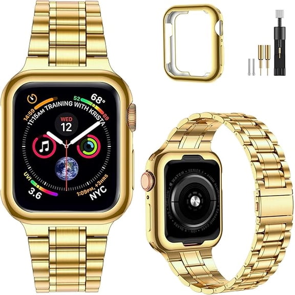 Solid Stainless Steel Band Compatible with Apple Watch 38mm(Series 3/2/1) 40mm(Series SE/6/5/4) 41mm(Series 9/8/7) Metal Strap with Soft TPU Case for iWatch Bands for Women and Men, Gold