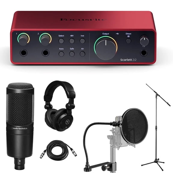 Focusrite Scarlett 2i2 4th Gen USB Interface with Software Suite, Bundle with AT2020 Microphone, TAPH100 Headphones and Mic Stand
