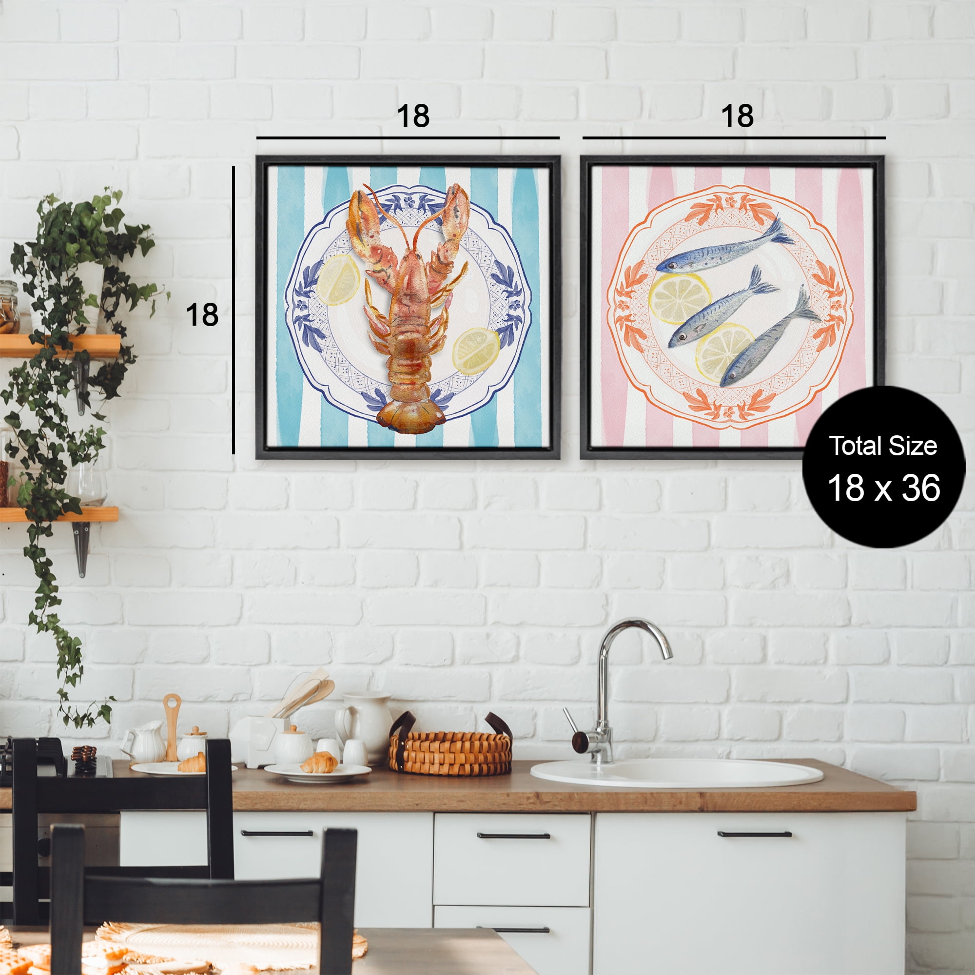 Stupell Industries Lobster & Sardines Plates 2 Piece Black Framed Floater Canvas Set, design by Christie Adams