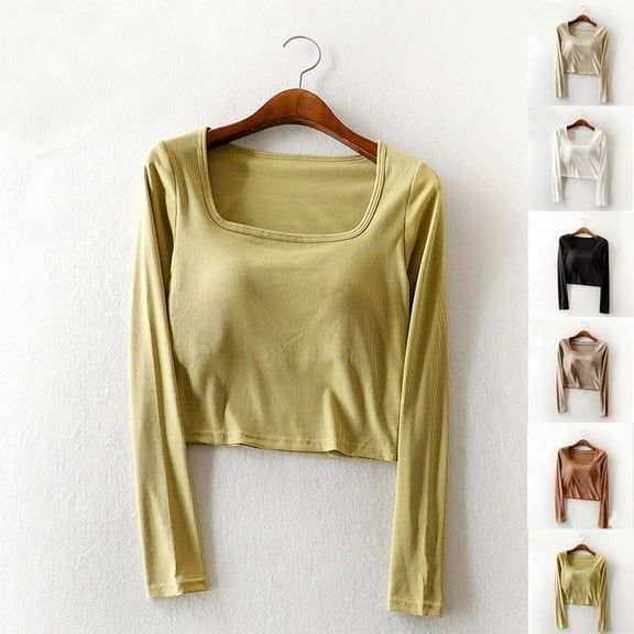 ATOYSOY Solid Color Cropped Tops Casual Trendy Long Sleeve Tees Outwear Fall Square Neck Pullovers Slim Padded Basic Shirts for Women Black L