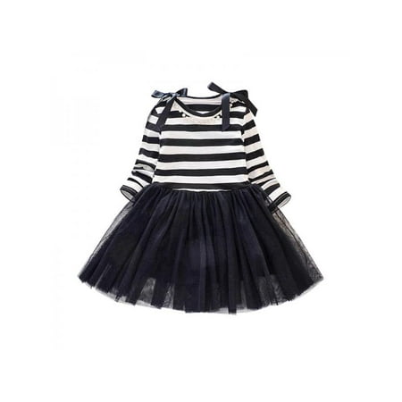 

SUPERHOMUSE Spring And Autumn Casual Baby Girls Long Sleeve Striped Print Patchwork Mesh Dress Kids Sundress 1-8T