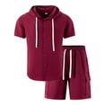 thumbnail image 5 of Men's 2 Pieces Cotton Linen Set Casual Short Sleeve Button up Shirts Hoodie Beach Yoga Cargo Shorts Summer Outfits Size 3XL Red, 5 of 5