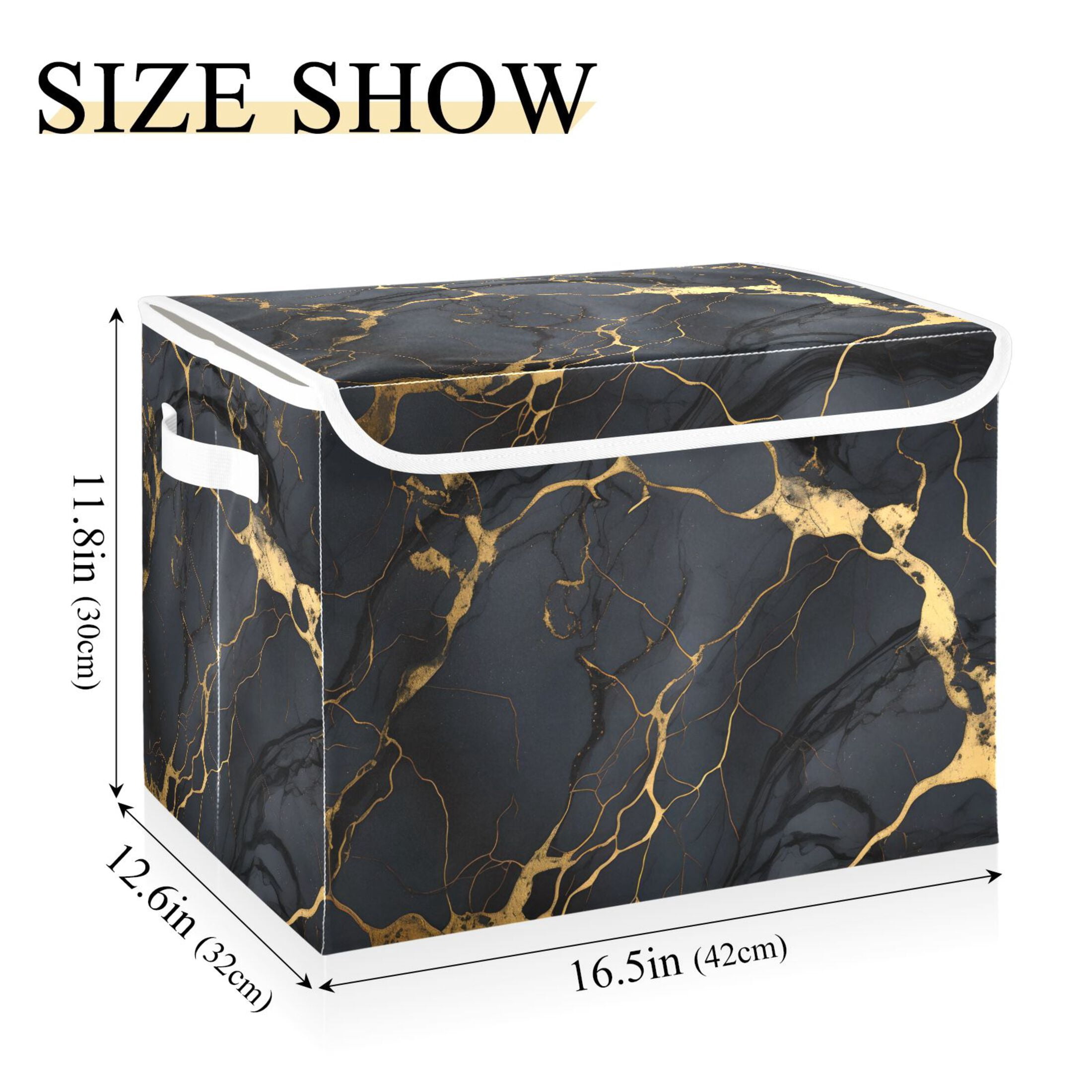 Black and Golden Marble Large Lidded Bin Foldable Storage Baskets Boxes Cubes Lids with 2 Handles for Home Bedroom Office 16.5x12.6x11.8inch