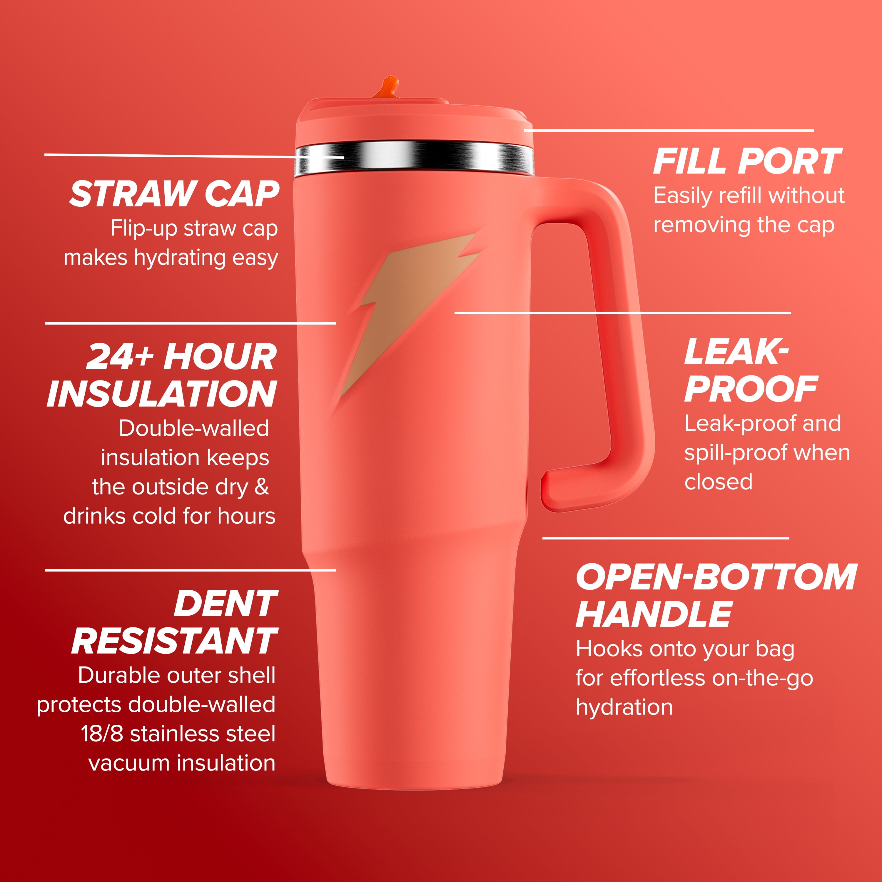 Gatorade Crossover Stainless Steel Tumbler Bottle, Coral, Double-Wall Insulation, 36 fl oz​
