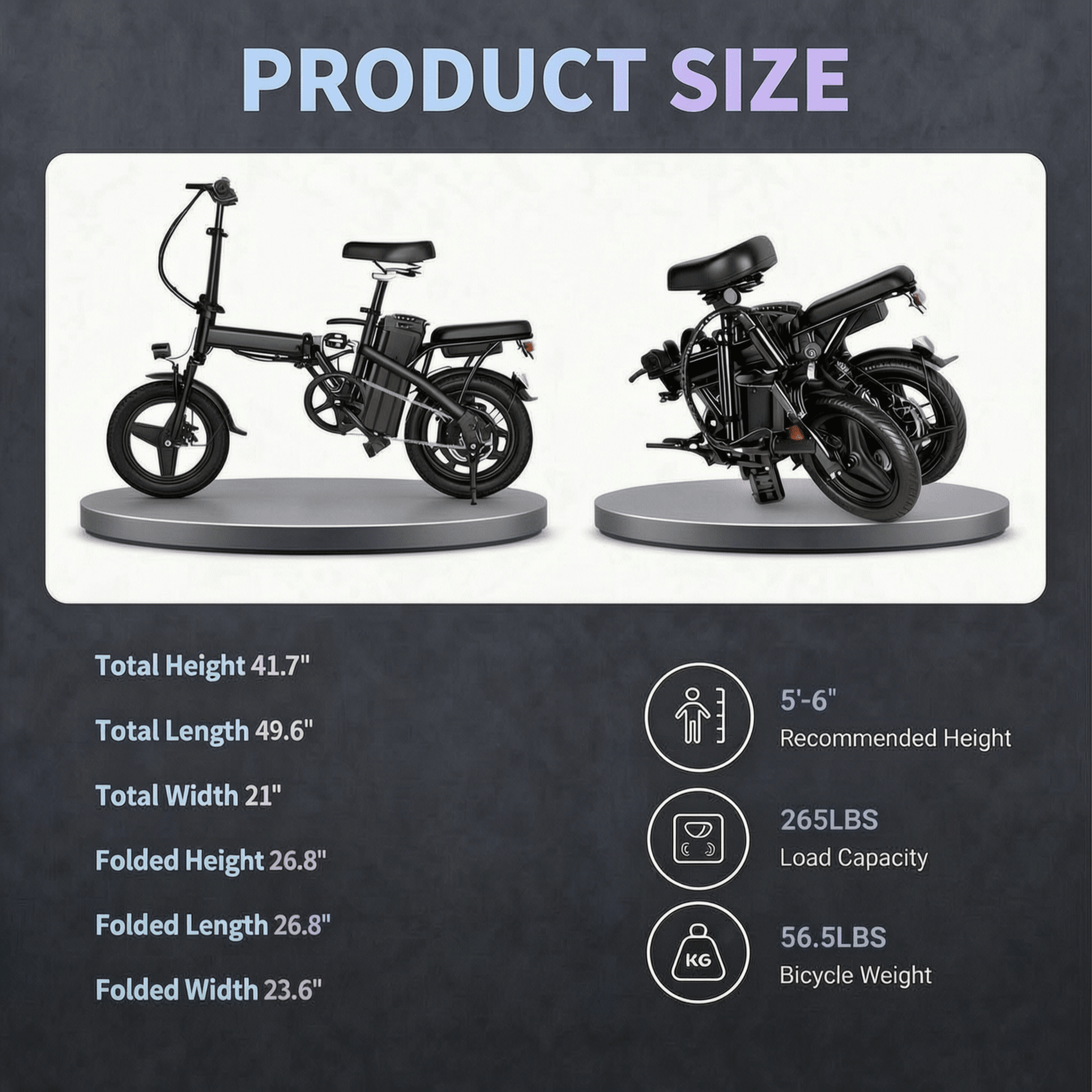 14" Foldable Electric Bike for Adults, 500W Peak Motor, 36V 12Ah Removable Battery, 19 MPH, 18-35 Miles Range, Suitable for Commuting, Shopping, or Trip, UL 2849, Class2
