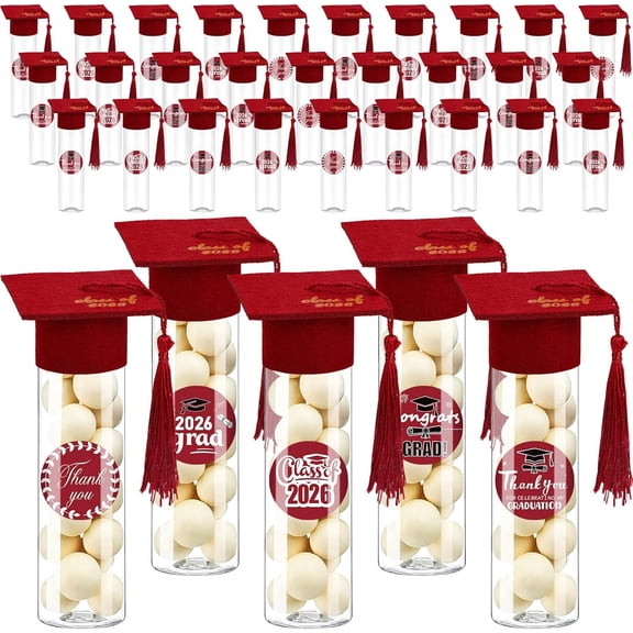 Natonhi 30 Sets 2026 Graduation Candy Tubes Graduation Party Candy Boxes Containers Grad Cap Jars with Tassels Stickers Clear Plastic Party Favors for Graduation Decorations(Red)