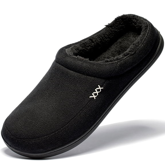 Needbo Men's Slippers Memory Foam Suede Plush Shearling Lined Warm Winter Indoor Outdoor Clog Bedroom House Slippers Slip on Shoes Black, Size 11-12