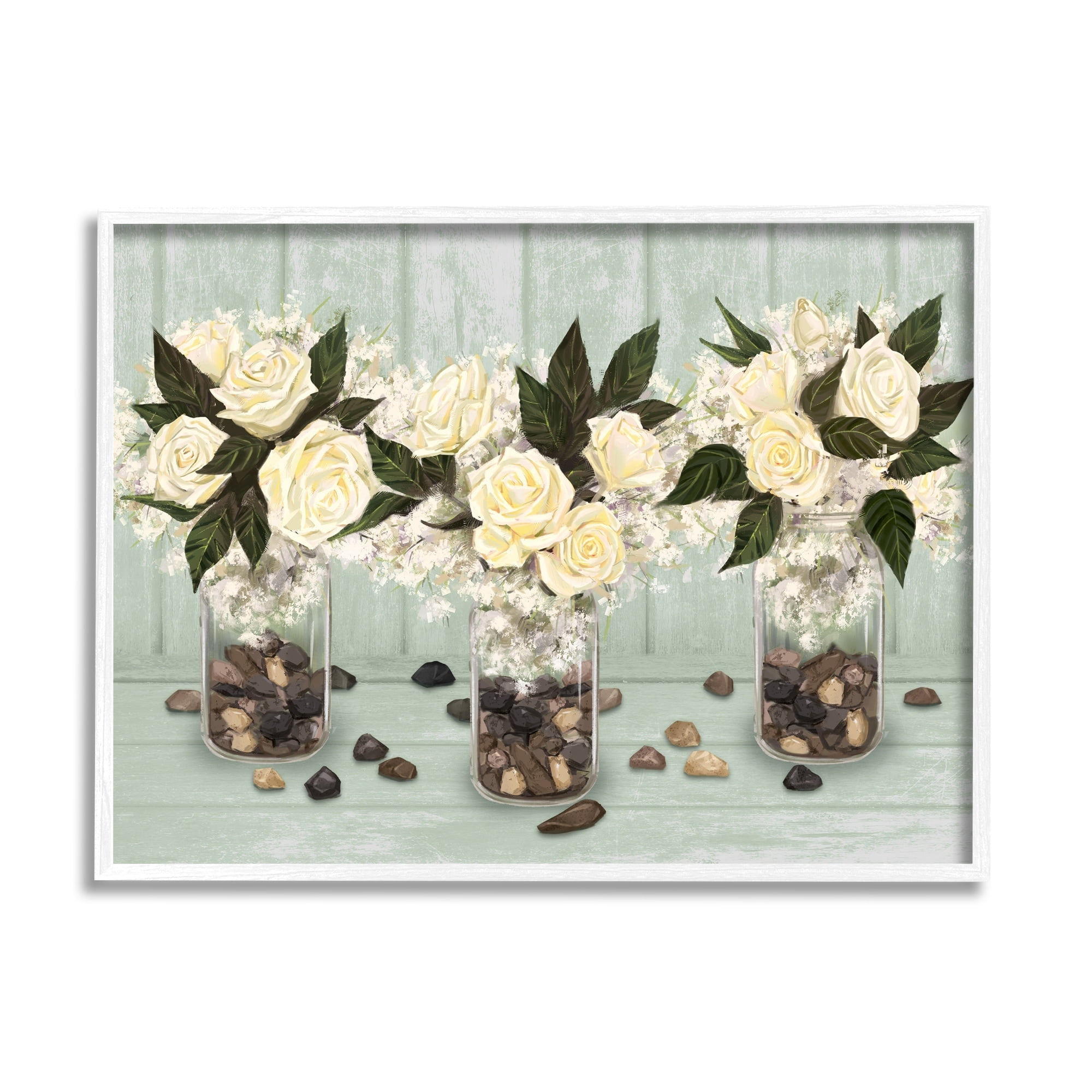 Stupell Industries Three Rose Bouquets Scattered Rocks Flower Arrangement Graphic Art White Framed Art Print Wall Art, Design by Ziwei Li