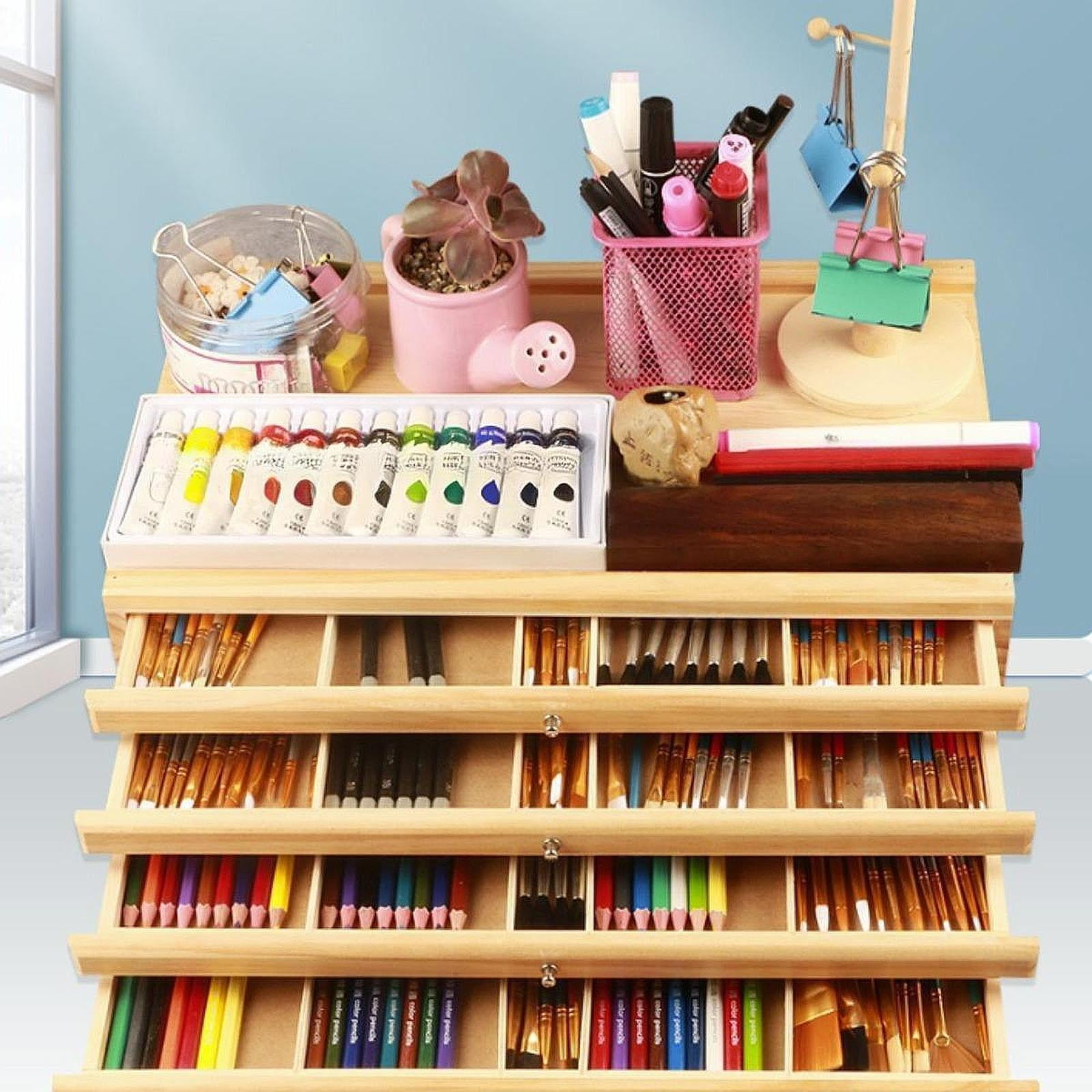 S SERENABLE Artist Supply Storage Box Organizer Five Drawers Portable Travel Sturdy Art Storage Box Container for Markers Brushes Erasers