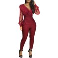 thumbnail image 2 of Xingqing Elégant Parti Femmes Jumpsuit Paillettes Mesh Transparent Manches Longues V-Cou Bodycon Pantalon Romper Vin Rouge L, 2 of 9