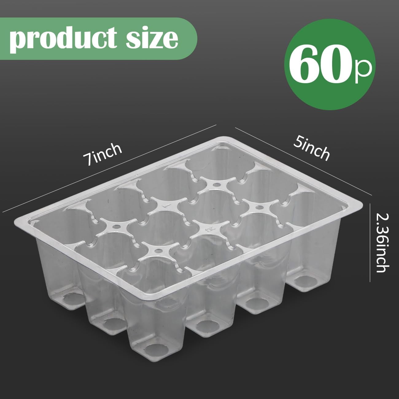 60 Pack Reusable 12-Cell Seed Starter Tray, Plant Starter Trays with Large Drainage Holes for Seed Germination, Easy to Repotted, Fits Standard 1020 Flats and Trays, Black