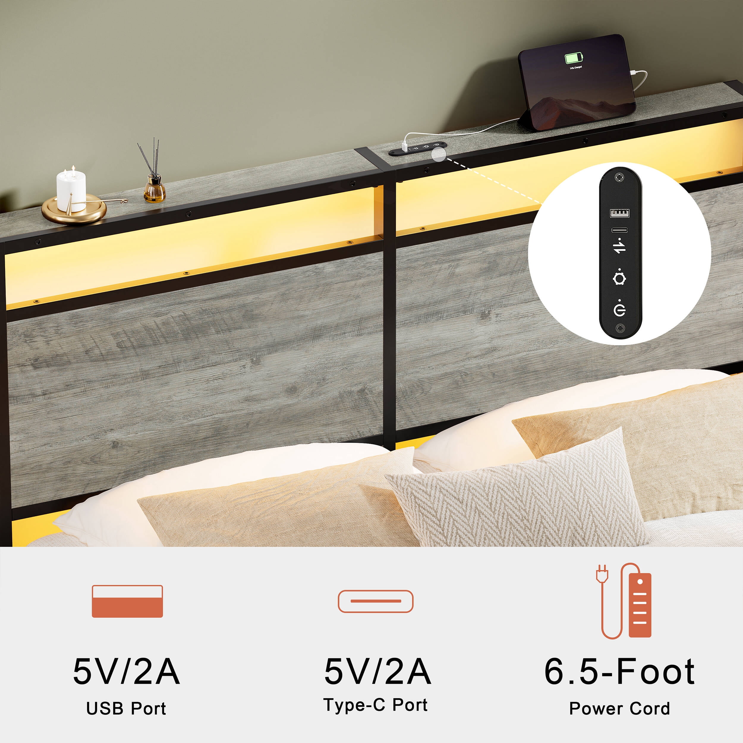 GUNAITO Queen Bed Frame with Headboard Metal Platform Bed with LED Lights and Charging Statio, Grey