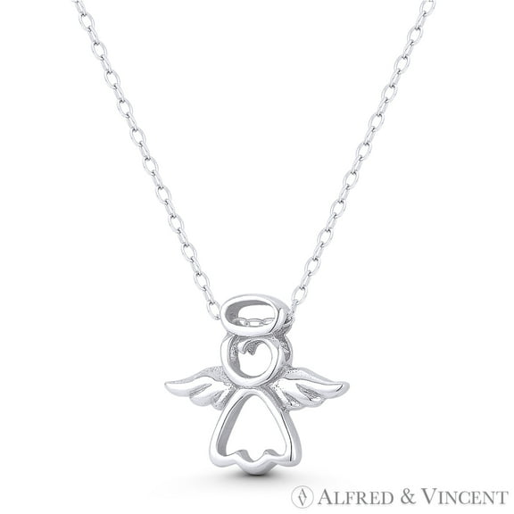 Guardian Angel Outline w/ Wings & Halo Charm 15x16mm (0.6x0.6in) Pendant & Chain Necklace in .925 Sterling Silver