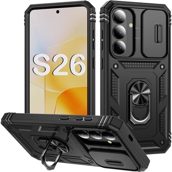 for Samsung S26 Case,With Slide Camera Cover,Metal Kickstand Holder Heavy Duty Shockproof Phone Cover For Galaxy S26 6.3"(Black)