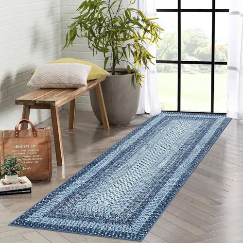 Area Rug 2x6/8*10 FT Braided Print Washable Rug Non-Slip Hallway Runners Entryway Rug Runner Ultra-Thin Farmhouse Kitchen Mat Bedroom Bedside Laundry Distressed Rug Non-Shedding Accent Carpet Grey