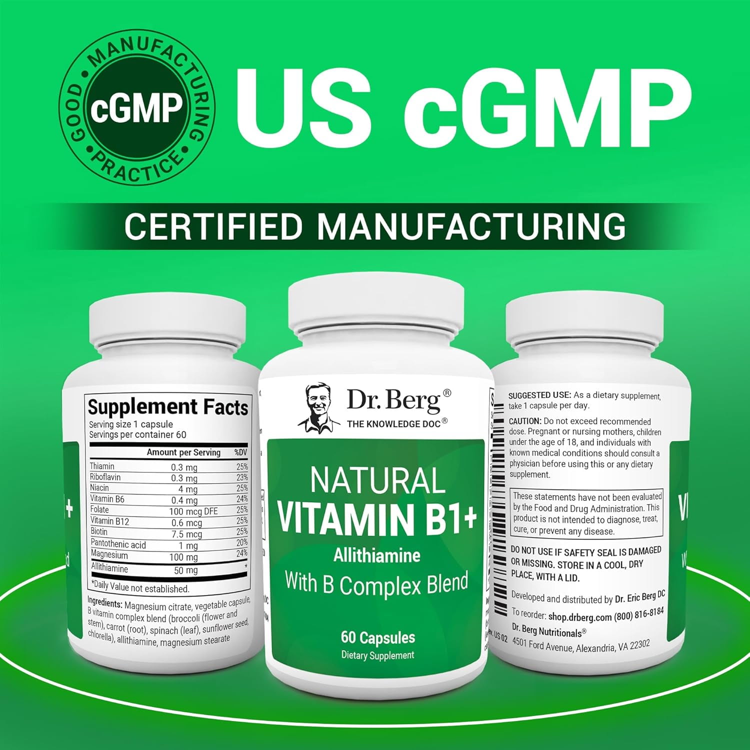 Dr. Berg Natural Vitamin B1 + with B Complex Blend - Allithiamine Vitamin B1, 60 Capsules