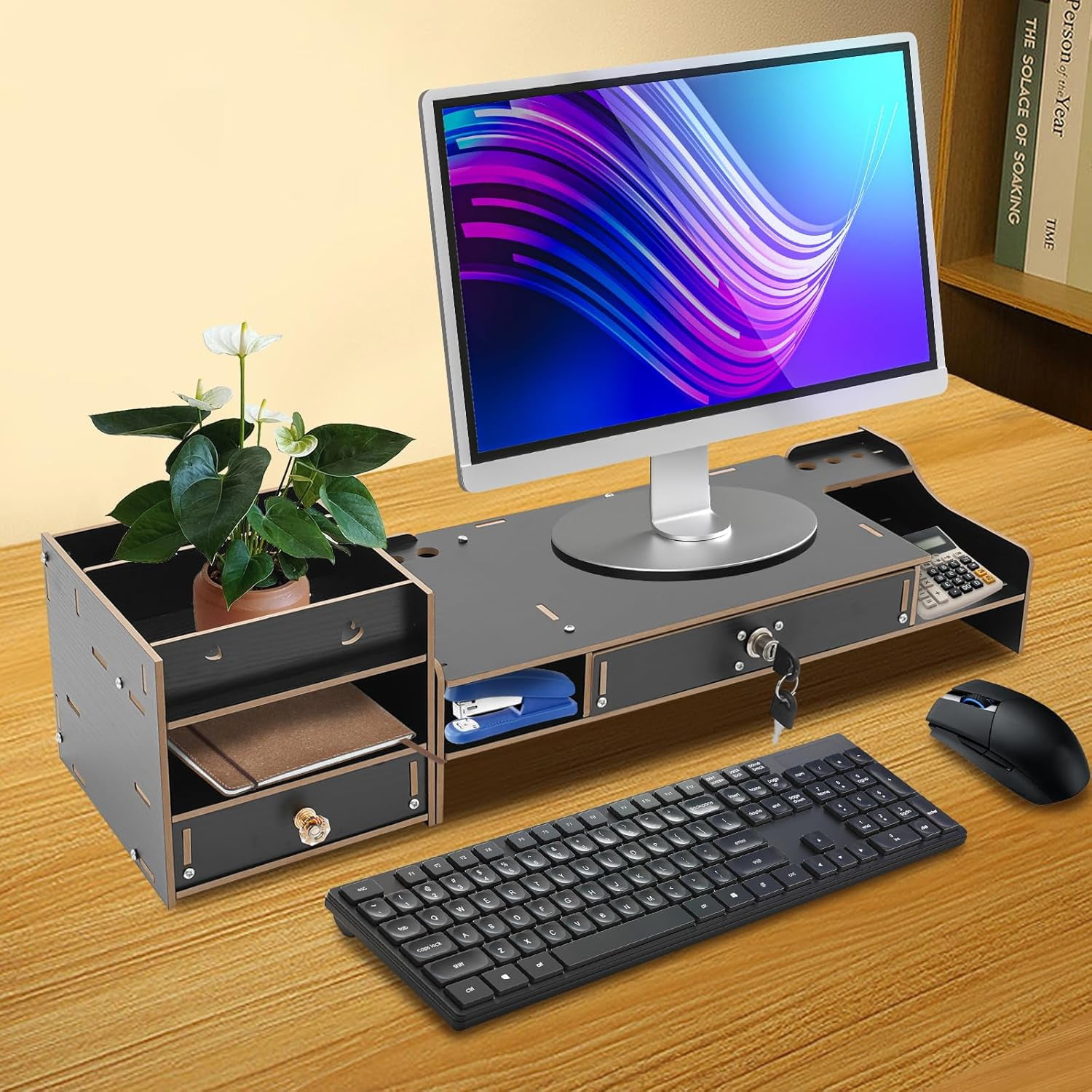 Desktop Organizer Stand for Laptop - Monitor Stand Riser, Computer Monitor Booster Stand, Adjustable Computer Monitor Stand with a Lockable Drawer, for PC, Computer, Printer (Black)