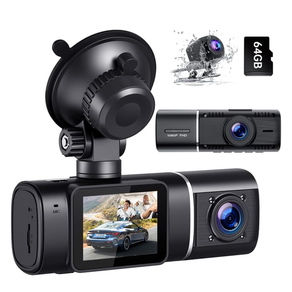 Cámara de salpicadero de 3 Canales, cámara de salpicadero 1080P para Coches con Tarjeta SD U3 de 64 GB, cámara de salpicadero Triple de Tres vías con visión Nocturna IR,WDR