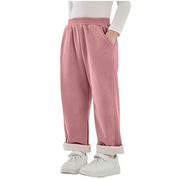 Cethrio Girls Winter Pants, Thermal Casual Elastic Waist Fleece Straight Leg Pants Pink Size 10-12T