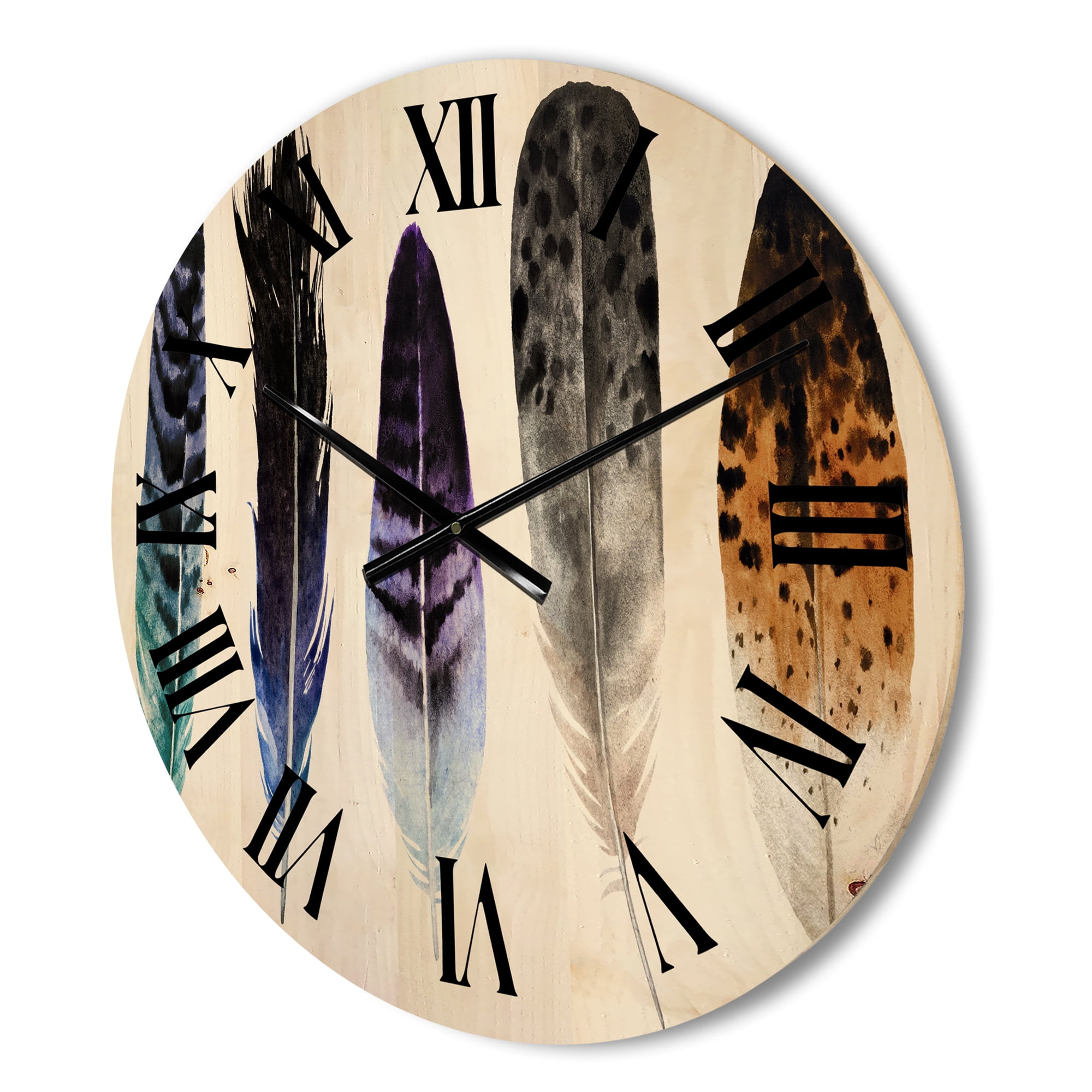 Designart 'Colourful Boho Art Feathers II' Bohemian & Eclectic Wood Wall Clock