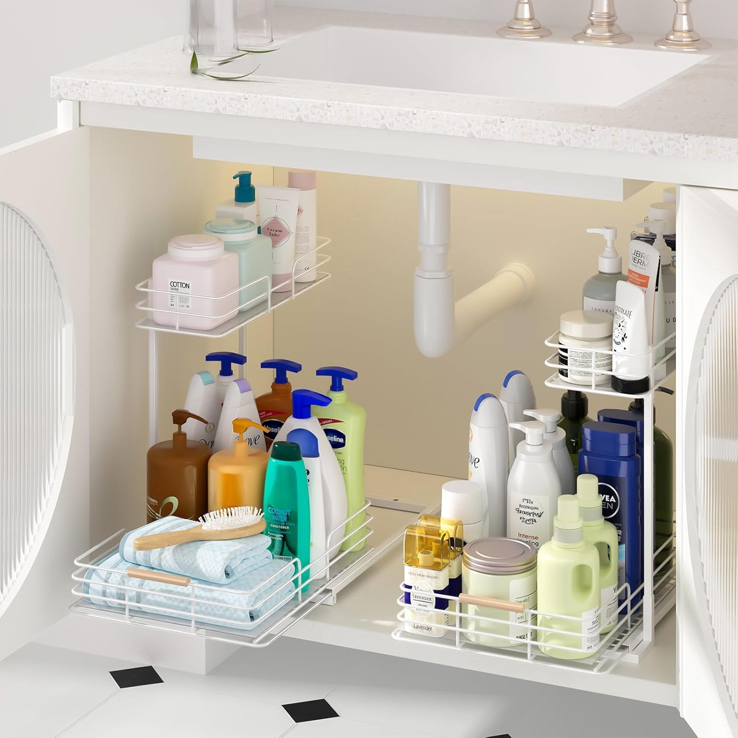 LAMU Under Sink Organizers and Storage, 2Pack 2 Tier Kitchen Bathroom Cabinet Organizers and Storage, Pull Out Under Sink Storage Kitchen Shelf Organizer for Under Counter Storage Organizer, White