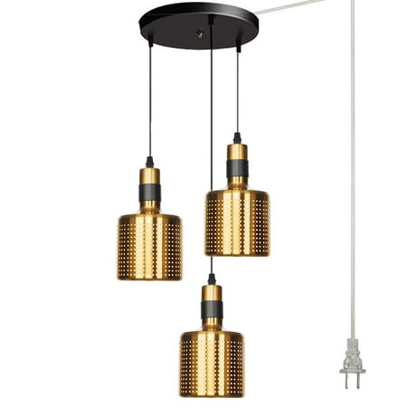 

FSLiving 3 Lights Gold Swag Pendant Light with 15ft Plug in UL Cord Island Chandelier with Black Mounting Plate Fixtures Hanging Ceiling Light for Kitchen Island Gallery Staircas Bar - 1 Set