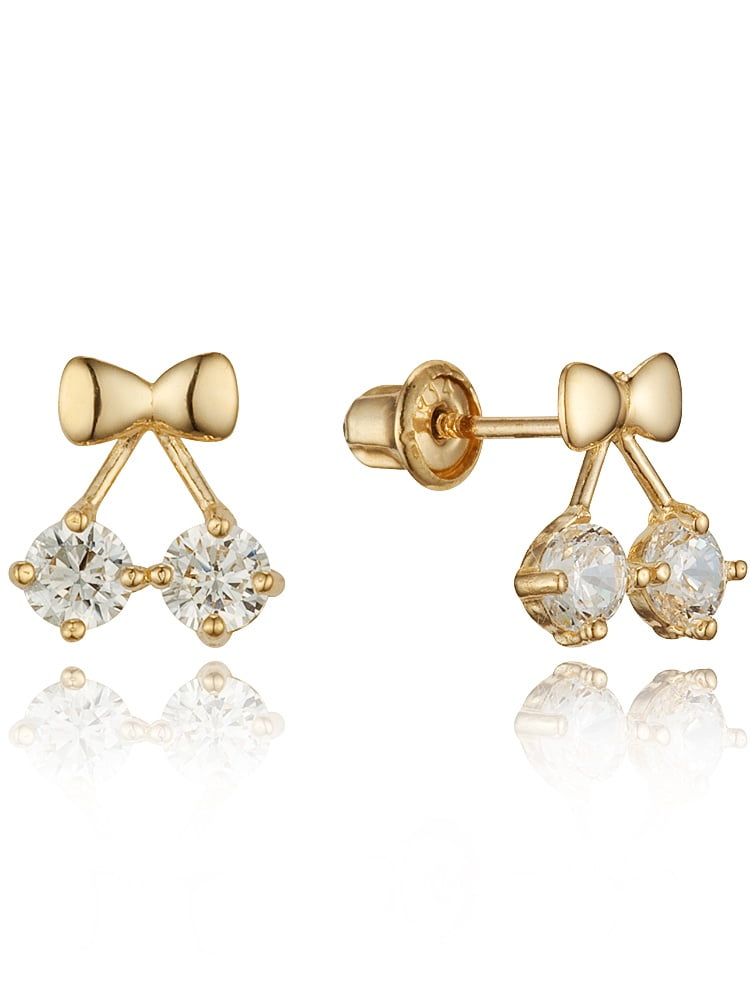 14k Yellow Gold Cherry Cubic Zirconia Children Screwback Baby Girls