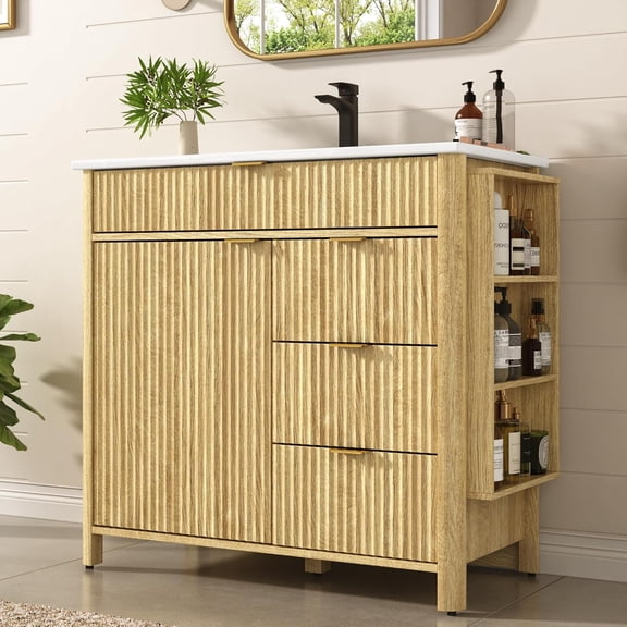 ANPOO 36" Bathroom Vanity with Sink & Faucet & Sewer Pipes, Mid-Century Modern Vanity with Ceramic Basin and Fluted Soft-Close Doors, Freestanding Bath Storage Vanity Sink Combo Set