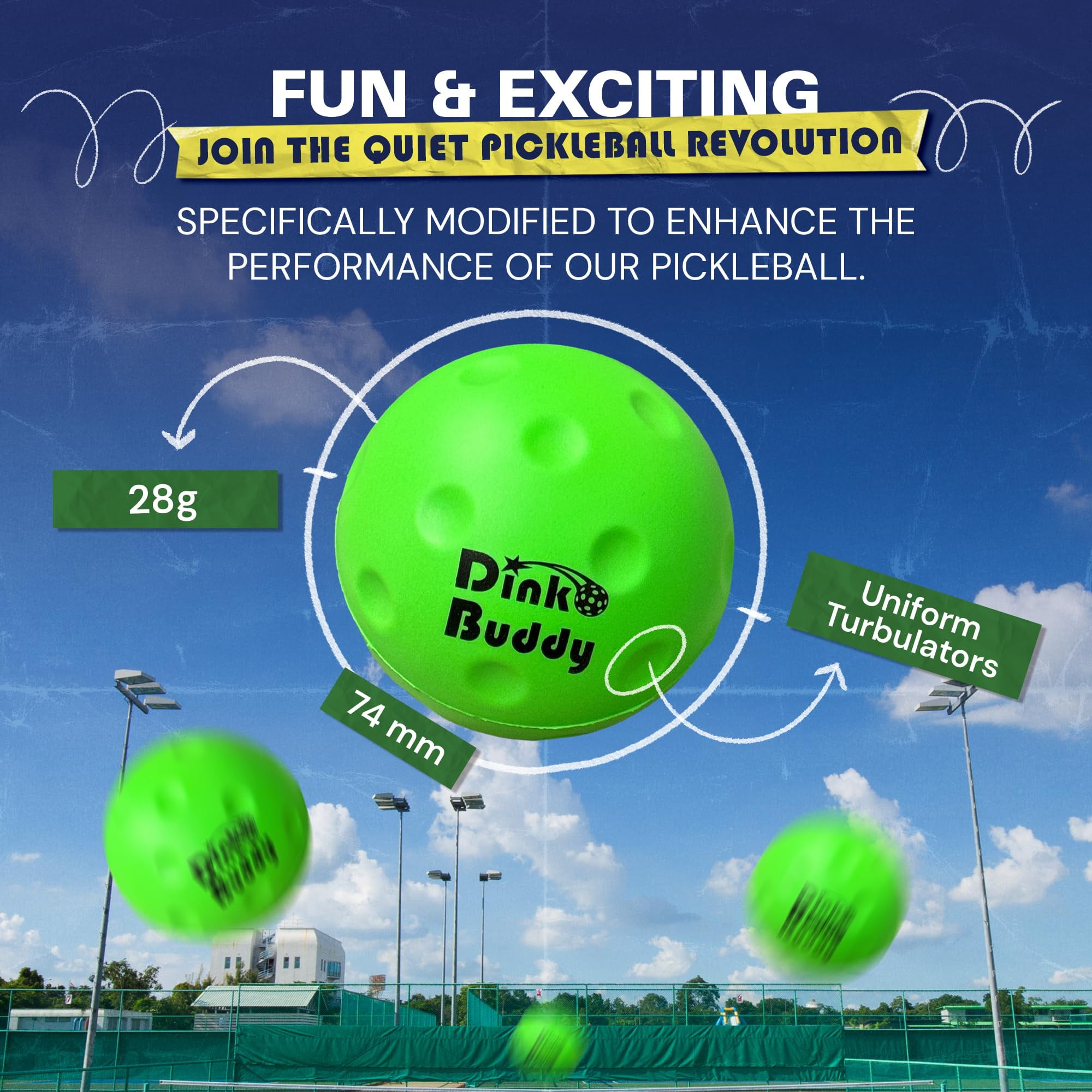 Dink Buddy - Standard Kelso Pickleball, PU Foam Pickleball Balls for Reduced Noise, Enhances Hand-Eye Coordination, Indoor & Outdoor Use, 6-Pack 74-mm Lime Green Balls
