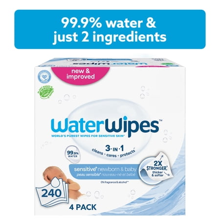 WaterWipes Sensitive Newborn & Baby Wipes, 3-In-1 Cleans, Cares, Protects, 99.9% Water, Unscented & Hypoallergenic, 240 Wipes