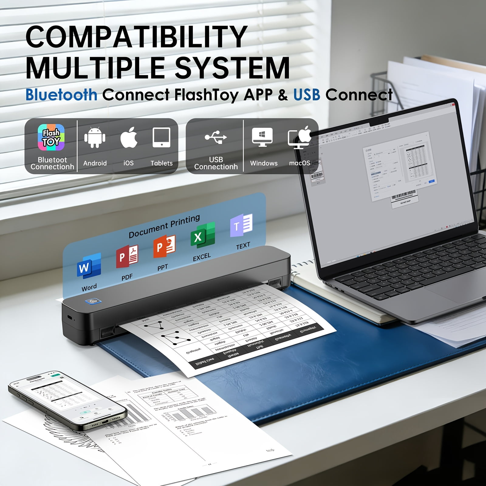 Portable Inkless Travel Thermal Printer+10/110pcs A4 Paper Combo Pack - Compatible With Mobile Phones And Laptops, Supports 8.5X11 Inch Thermal Letter Paper, Suitable For Office, Travel, And Home.