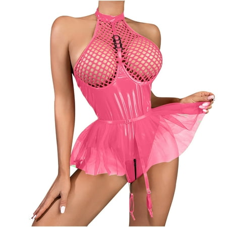 Sentmoon Lingerie for Women Women s Leather Mesh Hanging Neck Underwear Net Gauze Skirt Garter Belt Onesie Solution Sexy Suit Sexy Underwear Women s Lingerie  Sleep & Lounge Valentines Day Gifts for
