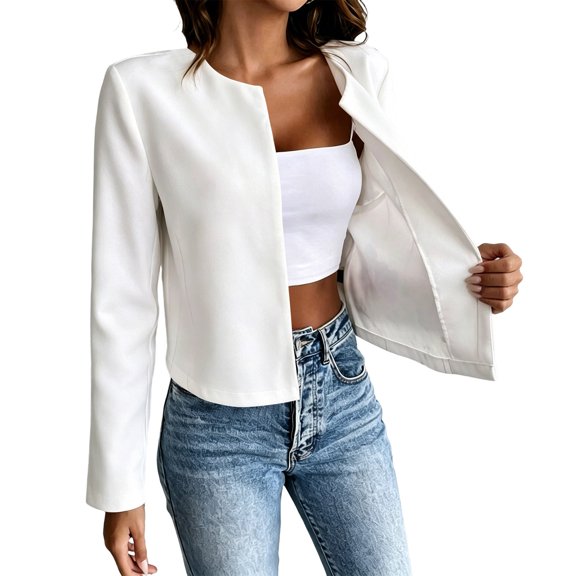 NominalSnug Womens Cropped Blazer Long Sleeve Collarless Casual Jacket Open Front Casual Work Office Cardigan Suit Jacket