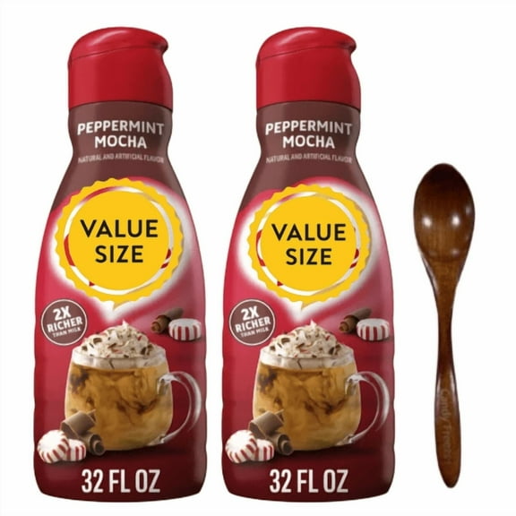 Candy Freezer Shelf-stable Non-dairy Liquid Coffee Creamer 32 fl oz (2-Pack) (Mocha Peppermint) with Wooden Spoon