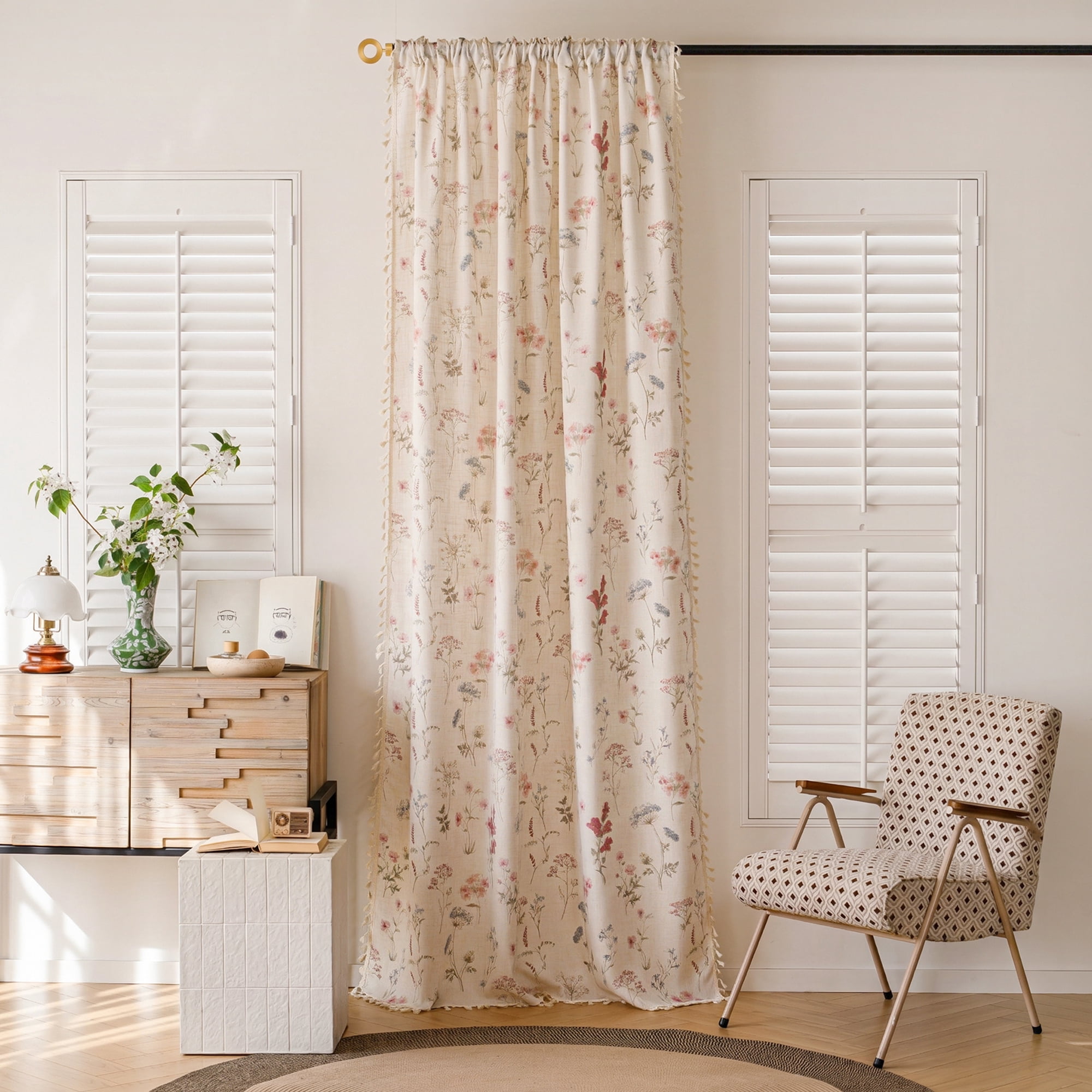 Seasonwood Floral Curtain for Living Room, 108 Inch Farmhouse Semi-Blackout Curtain,1 Panel,Beige,52" x 108"