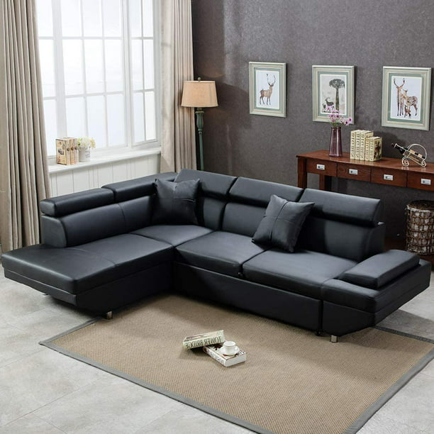 Fdw Sectional Sofa Black Faux Leather, Corner Sectional Leather Sofa