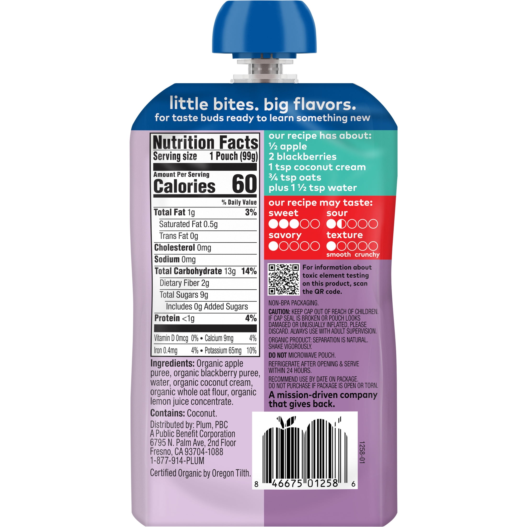 Plum Organics® Stage 2 Organic Apple, Blackberry, Coconut Cream & Oat 3.5oz Pouch